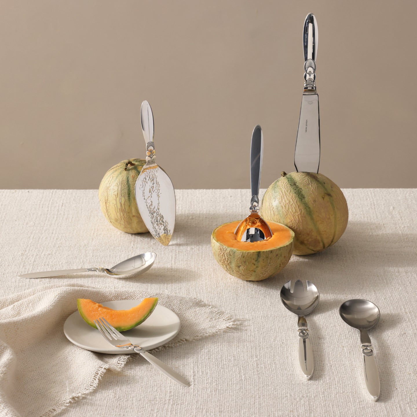 Georg Jensen Sterling Silver Salad Serving Utensils in Cactus